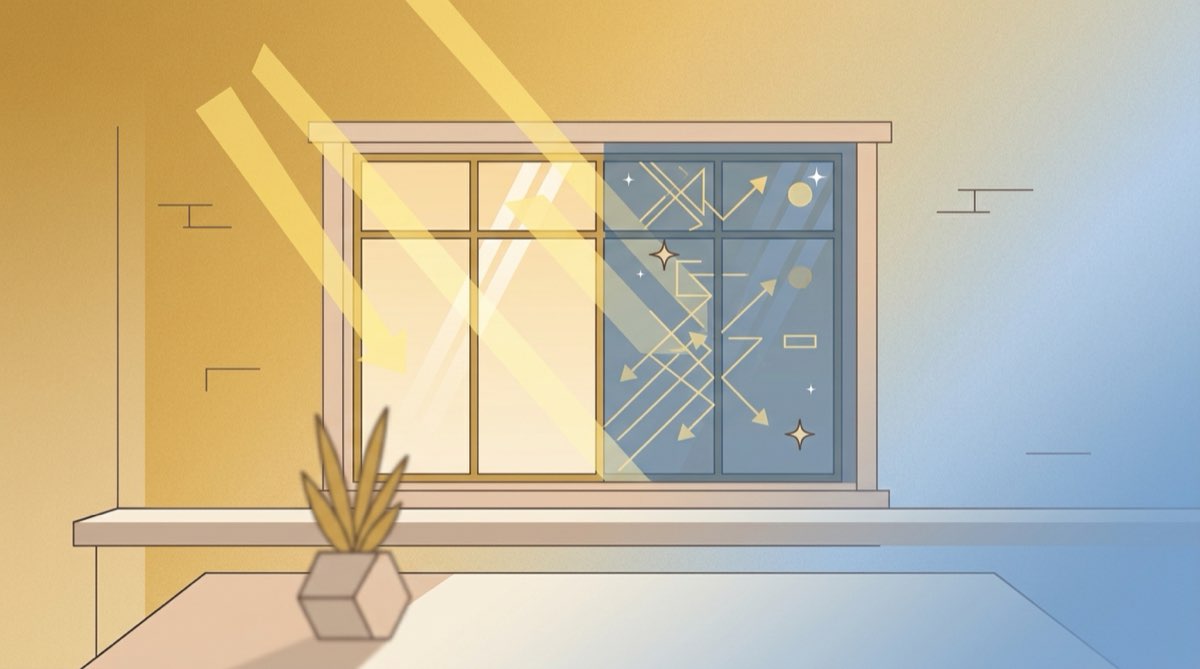 Illustration d'une fenêtre avec un côté exposé à la chaleur du soleil et un côté filtré par un contrôle solaire