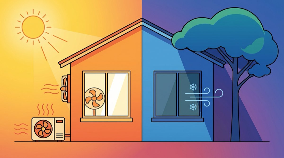 Illustration comparant une maison exposée au soleil avec ventilateur et climatiseur d'un côté, et une maison fraîche grâce au film pour vitrage de l'autre