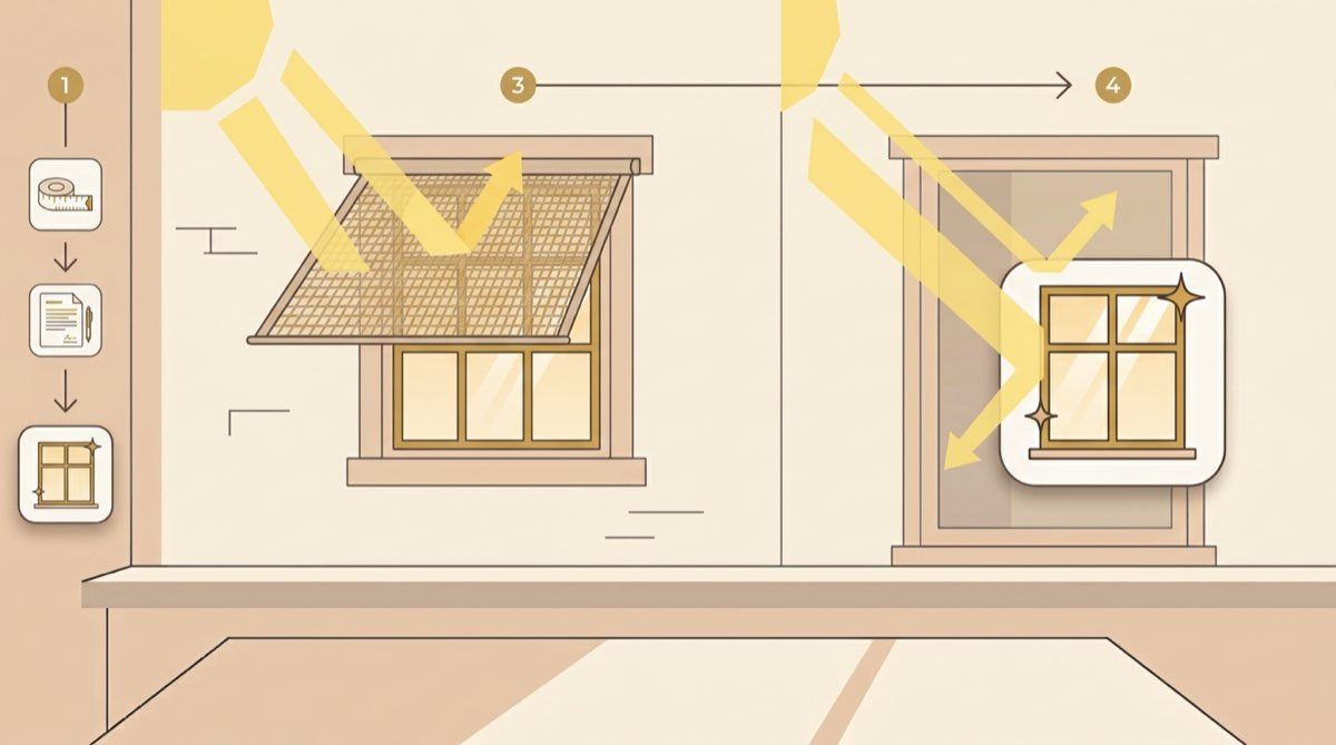 Illustration comparant un store banne extérieur et un film solaire posé sur la vitre, deux solutions contre la chaleur